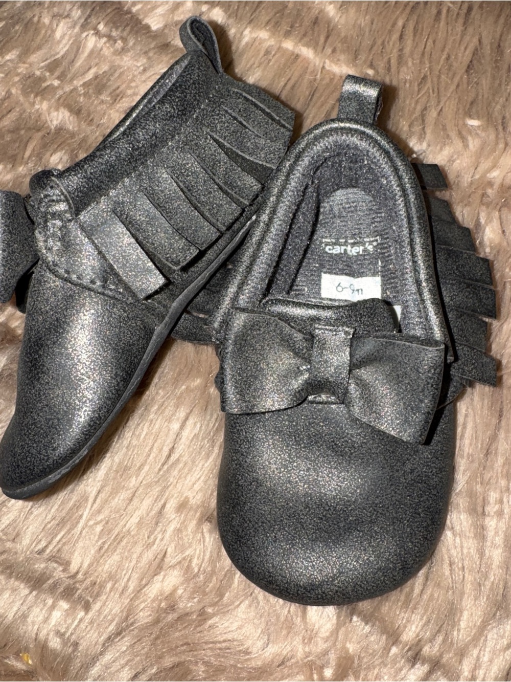 Carter's Metallic Black Baby Bow & Fringe Moccasins 6-9m
